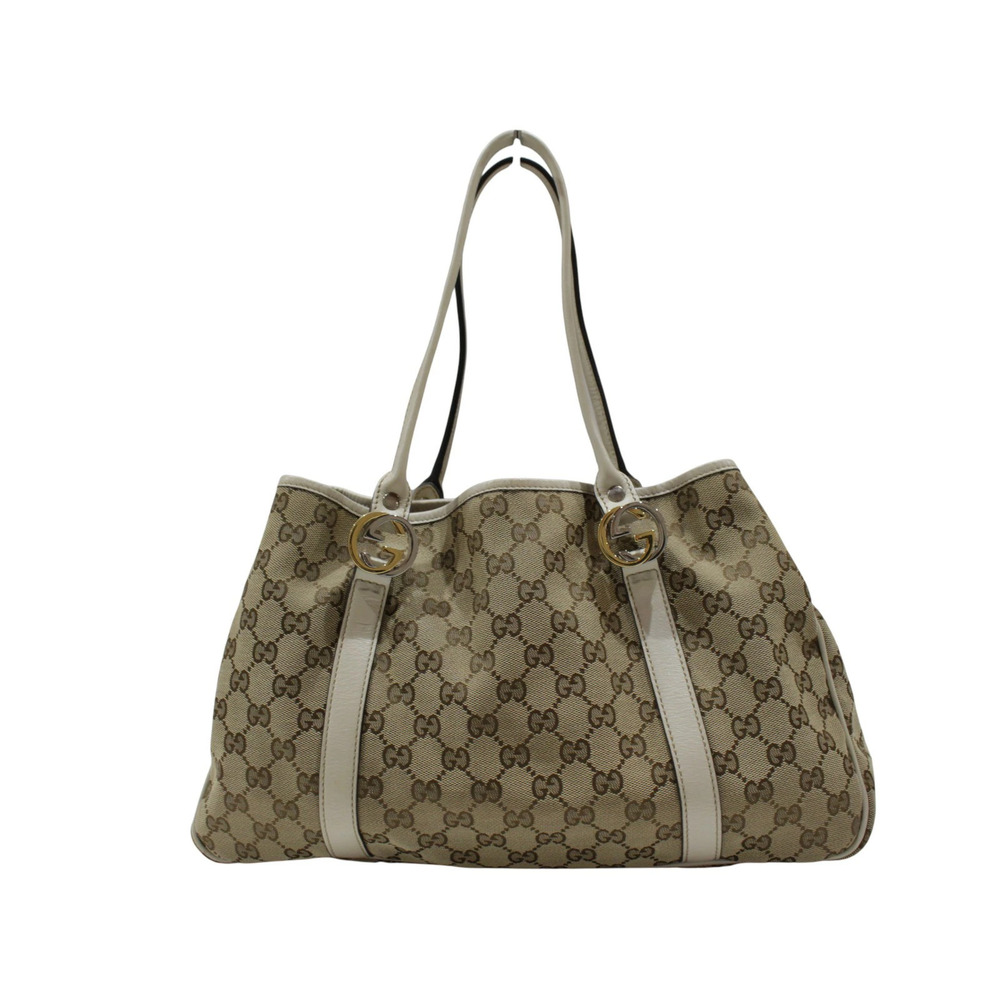 GUCCI GG Twins Tote Bag Canvas Leather Beige White Handbag Shoulder